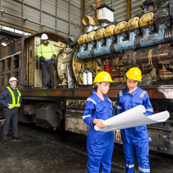 Industrial Engineer in Hard Hat Wearing Safety Jacket Walks Through Heavy Industry Manufacturing Factory with Various Metalworking Processes.